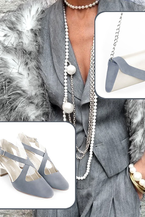 Pure white and mouse grey women's dress clutch, for weddings, ceremonies, cocktails and parties. Worn view - Florence KOOIJMAN